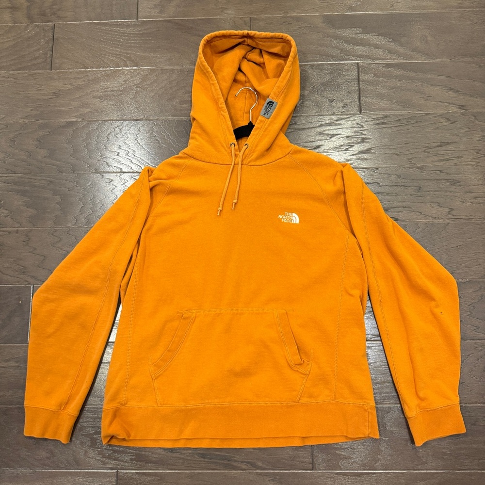 The North Face Orange Hoodie Men’s Large – Pullover Logo, Flawed Sleeve